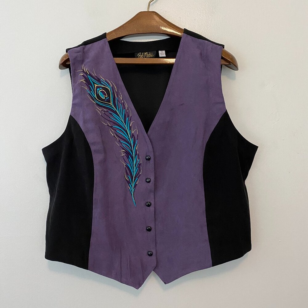 Bob Mackie Wearable Art Vest Womens 1X Purple Black Peacock Feather